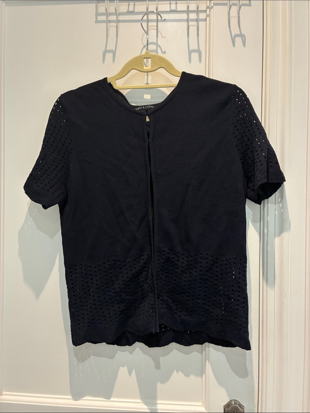 Leo & Ugo Paris Navy Blue Metallic Pointelle Short Sleeve Cardigan Size 3 / L ⭐️